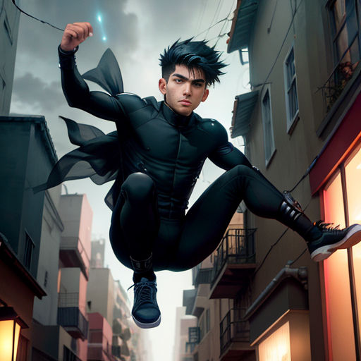 a man in a black suit is jumping in the air in a city street with buildings and a neon light