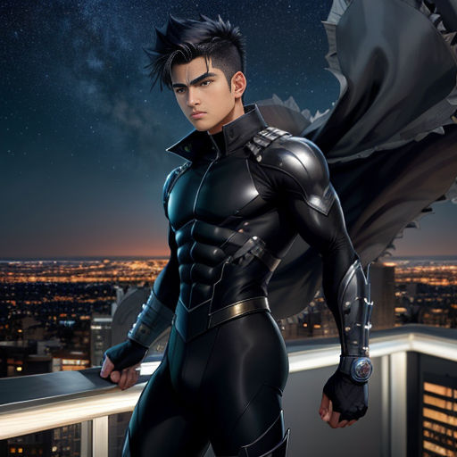 a man in a black suit standing on a balcony at night with a bat flying above him and a cityscape in the background