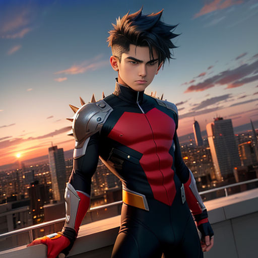 a man in a futuristic suit standing on a rooftop at sunset with a city in the background and a sunset sky