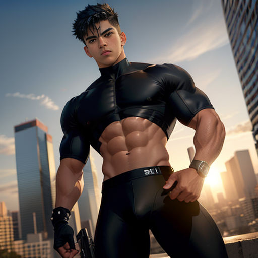 a man in a black suit standing in front of a cityscape with a gun in his hand
