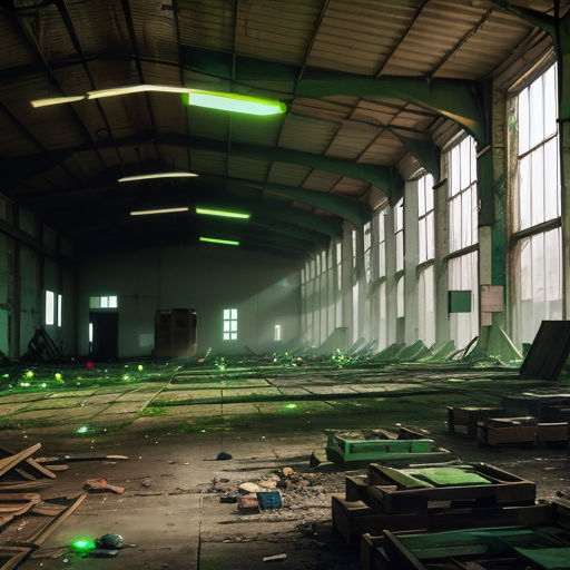 a large warehouse with lots of windows and debris on the ground and flooring on the floor and walls