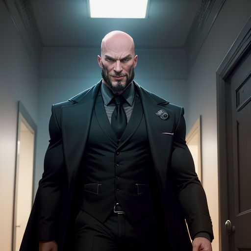 a man in a suit and tie walking down a hallway with a light on above his head and a door in the background