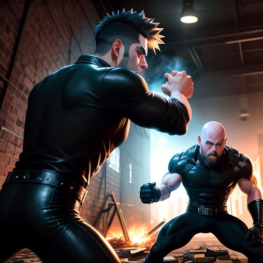 two men in black leathers fighting in a dark room with a brick wall and a light fixture above them