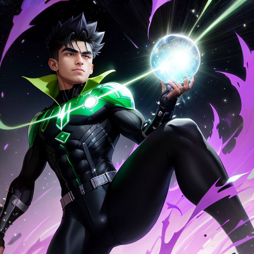 a man in a green and black suit holding a crystal ball in his hand and a purple background with stars