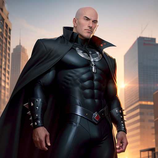 a man in a black suit with a sword in his hand and a city in the background with skyscrapers