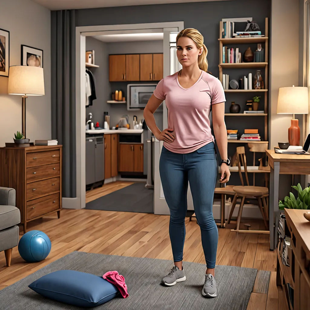 a woman standing in a living room with a yoga mat on the floor and a blue ball on the floor, photorealism, a computer rendering, Eve Ryder, promotional image
