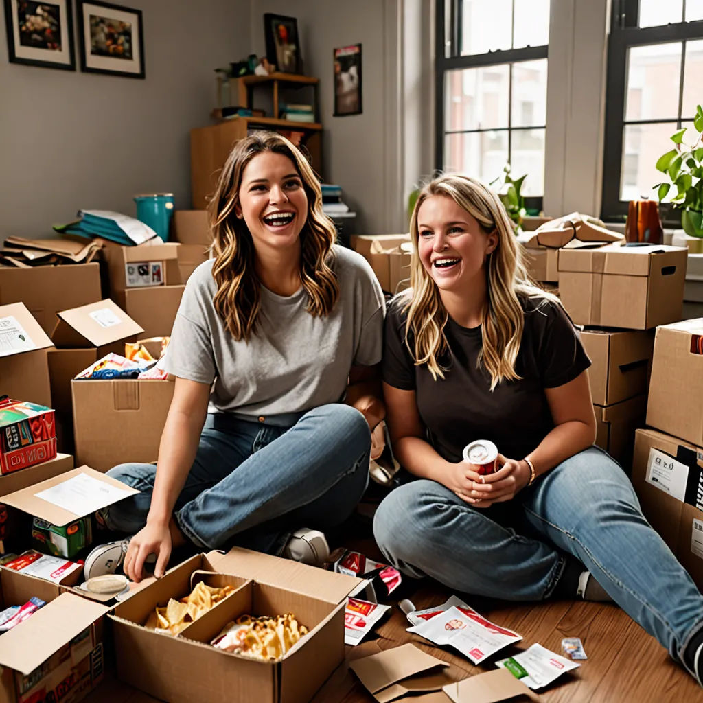 two women sitting on the floor in a room full of boxes of food and boxes of pizza and drinks, postminimalism, a stock photo, Bourgeois, promotional image