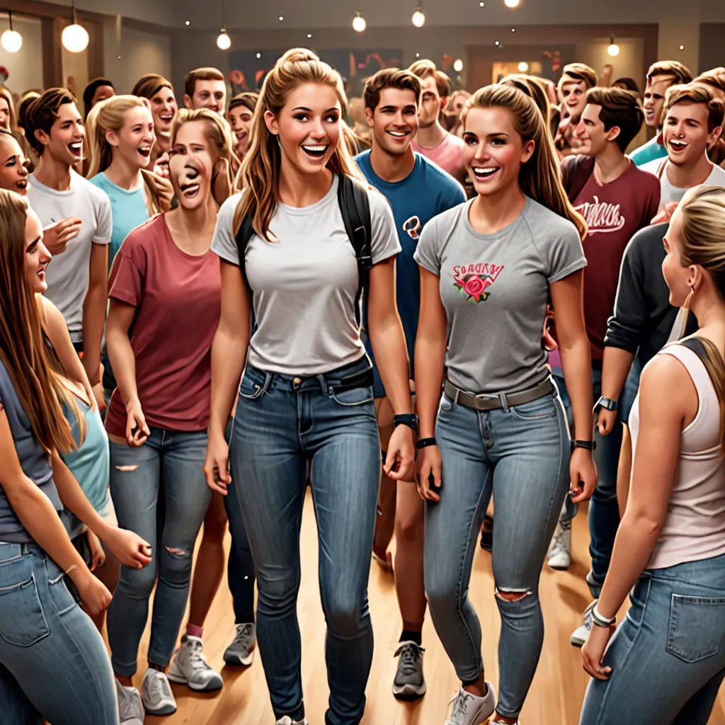 a group of people standing around each other in a room with a crowd of people behind them and a woman standing in front of them, kitsch movement, a stock photo, Christian Hilfgott Brand, promotional image