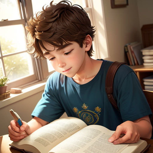 a boy is sitting at a table with an open book and a pen in his hand and looking at the book