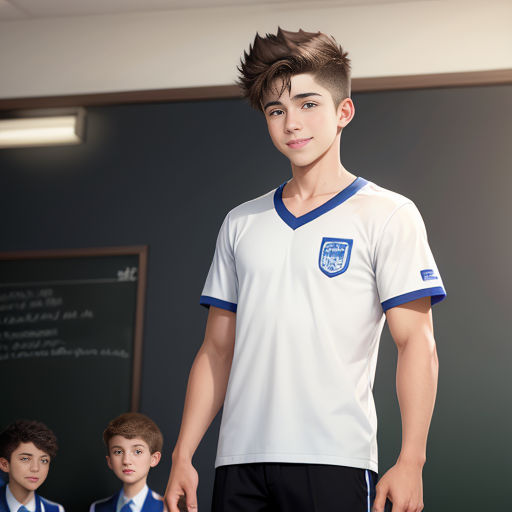 a boy in a soccer uniform standing next to another boy in a classroom with chalkboard in the background