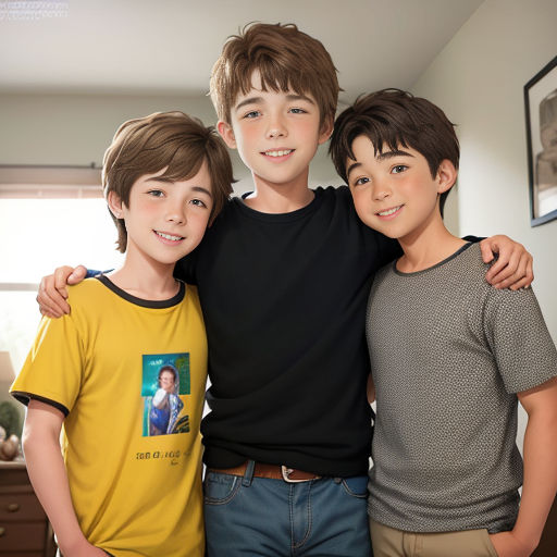 three boys are posing for a picture together in a room with a window and a picture on the wall