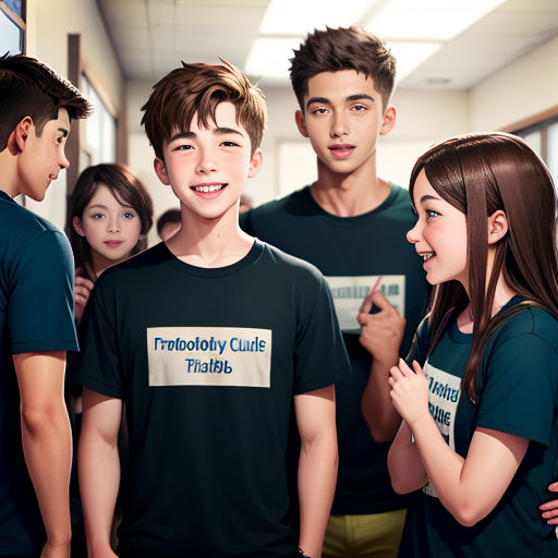a group of people standing next to each other in a hallway with a sign on the back of the shirt