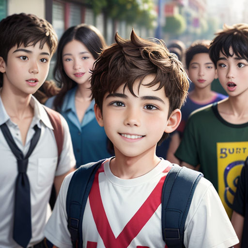a group of young people standing next to each other in front of a building with a young boy in a backpack