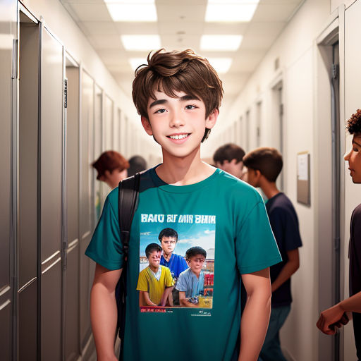 a boy is standing in a hallway with a poster on his shirt that says, there is no one