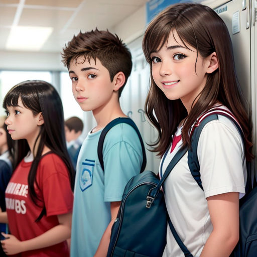 a group of young people standing next to each other in a hallway with lockers and locker doors behind them