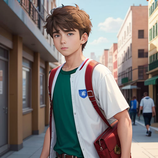 a boy with a red bag is standing on the sidewalk in front of a building and a woman is walking by