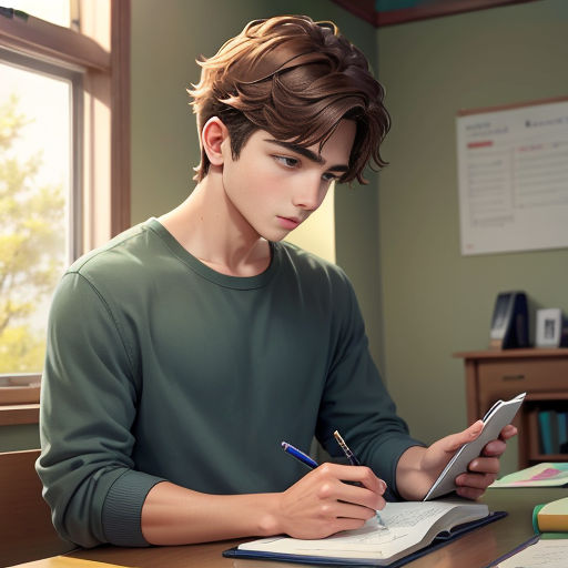 a boy is sitting at a desk writing on a notebook and taking notes with a pen and paper in front of him