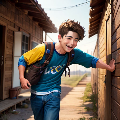 a boy with a backpack is leaning against a wall and smiling at the camera while wearing a backpack and jeans