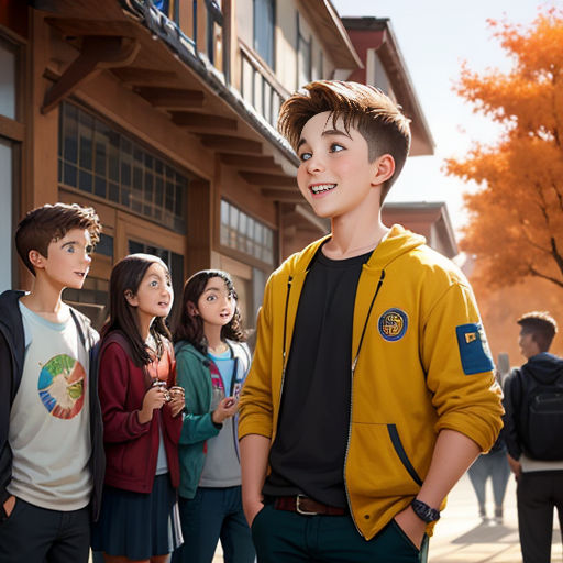 a group of young people standing next to each other on a sidewalk in front of a building with a boy in a yellow jacket
