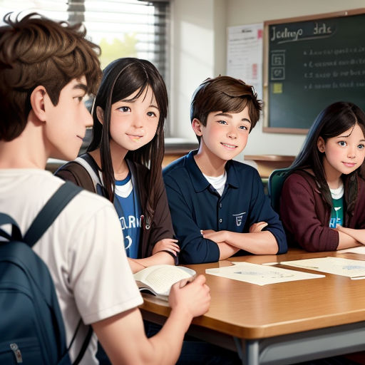 a group of children sitting at a table in a classroom with a book open and a backpack on top of it