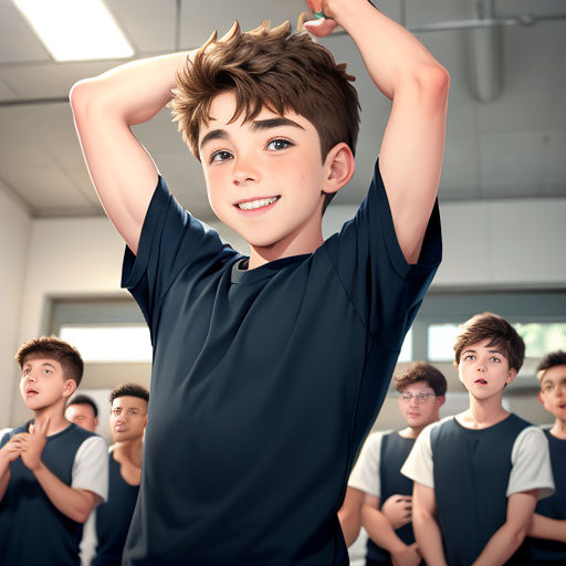 a boy with his hands on his head in front of a group of boys in a gym room with one boy holding his head