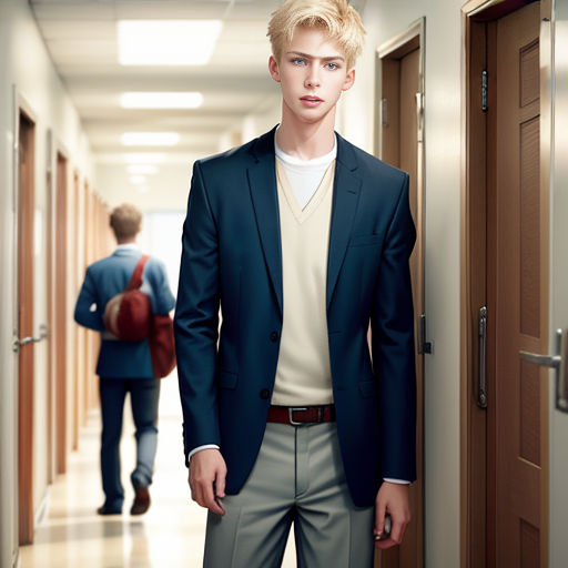 a man in a suit standing in a hallway with a backpack on his shoulder and a backpack on his shoulder