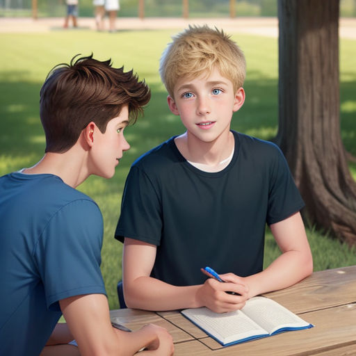 two boys sitting at a picnic table with a book and pen in their hands, one boy is writing