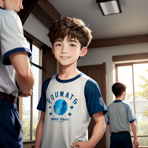 a boy in a t - shirt standing in front of a window with his hands on his hips and a man standing behind him