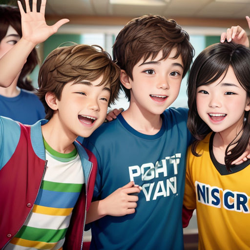 a group of children standing next to each other in a room with a window and a ceiling fan in the background