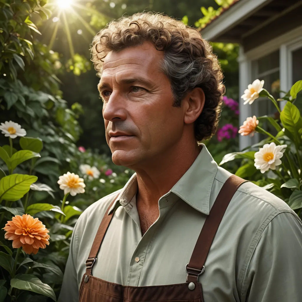 a man with a brown apron and a flower garden in the background with a house in the background and sun shining through the window, arts and crafts movement, a character portrait, Armin Baumgarten, promotional image