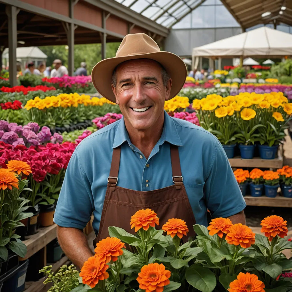 a man in a hat is standing in a greenhouse with flowers in pots and a potted plant in front of him, arts and crafts movement, a stock photo, Andries Stock, portrait photography