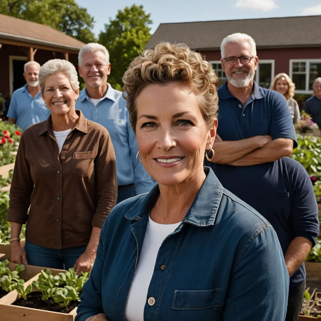 a group of people standing around a garden filled with flowers and plants in boxes with a woman smiling at the camera, precisionism, a stock photo, Bourgeois, promotional image