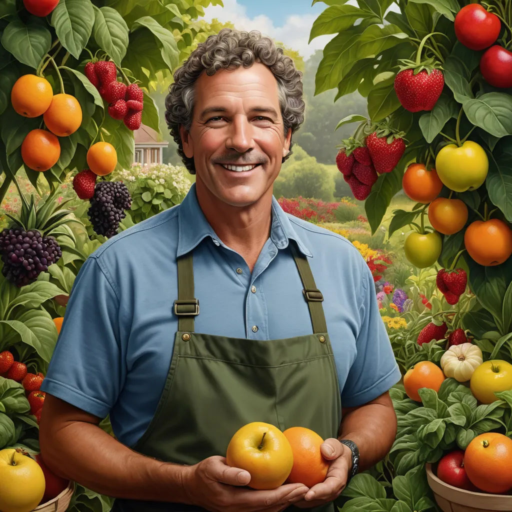 a man holding a bunch of fruit in front of a painting of a garden with tomatoes and other fruit, folk art, an ultrafine detailed painting, Art Green, highly detailed digital painting