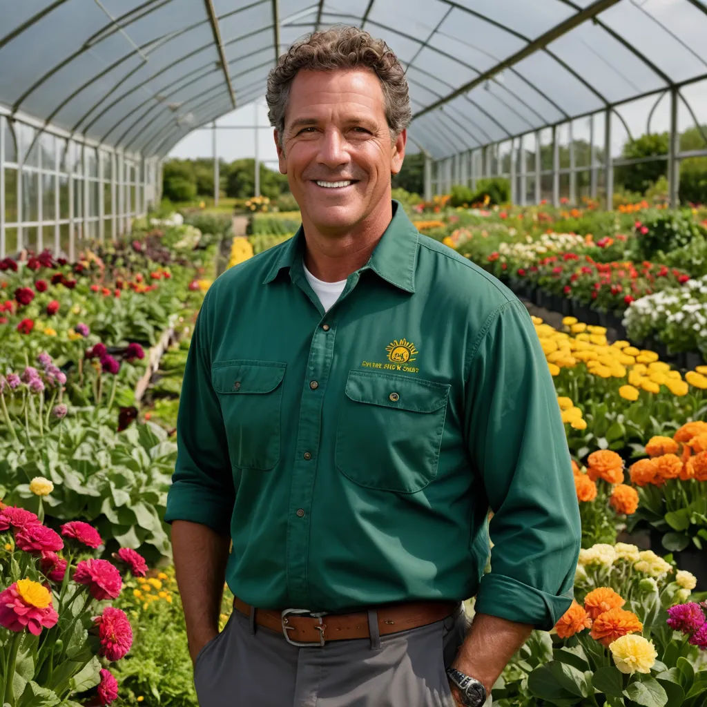 a man standing in a greenhouse with flowers in the background and a green shirt on his chest and a smile on his face, regionalism, a character portrait, Doug Ohlson, professional photo