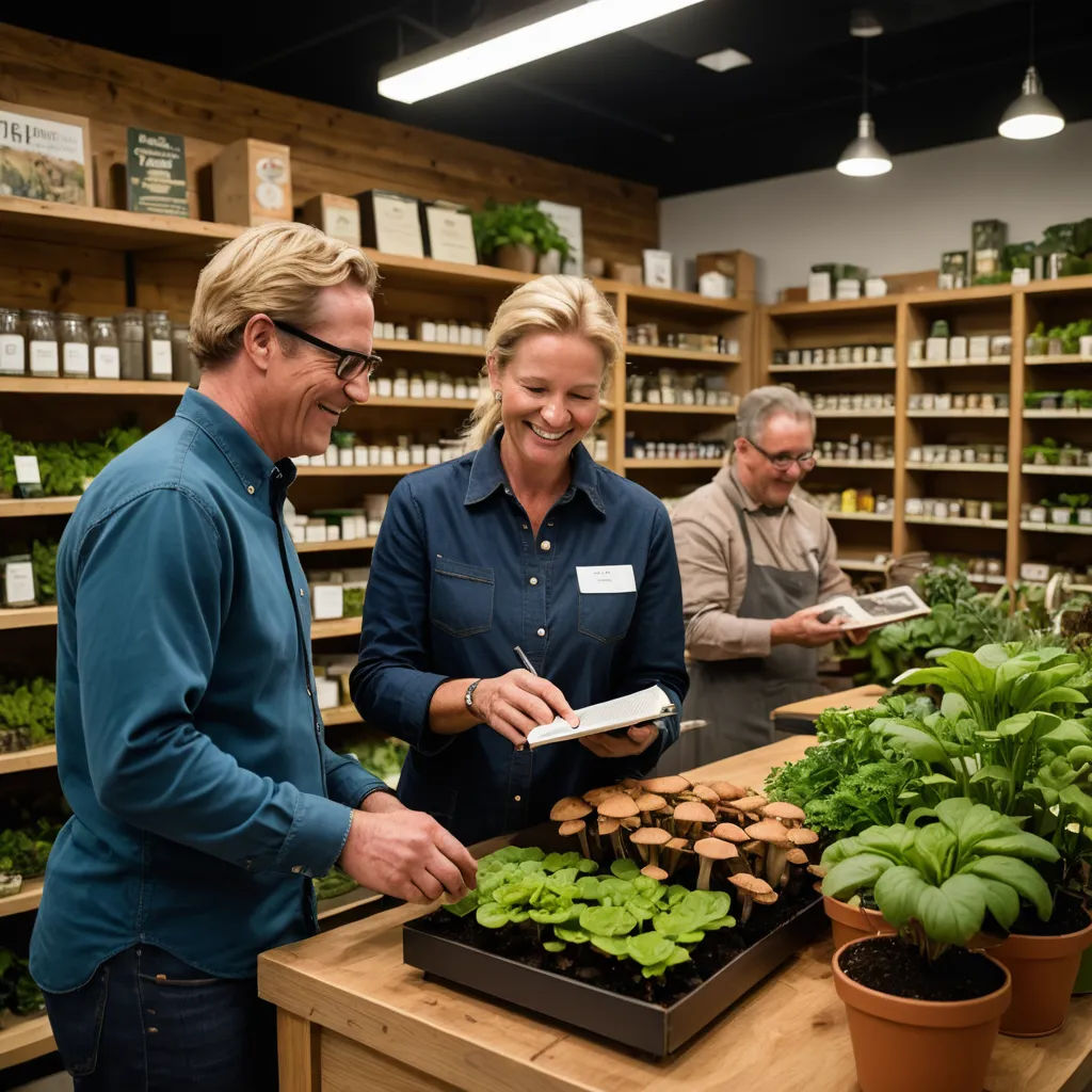 a man and woman are looking at plants in a store together and smiling at each other while another man is holding a clipboard, private press, a stock photo, Christian Hilfgott Brand, promotional image