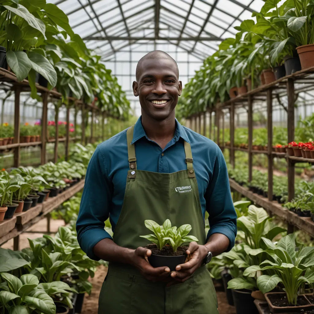 a man holding a potted plant in a greenhouse with other plants in the background and a greenhouse roof, private press, a stock photo, Enguerrand Quarton, professional photo