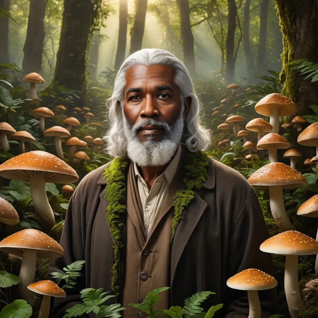 a man with a beard and white hair standing in a forest with mushrooms and ferns on the ground and a forest background, funk art, a character portrait, Chris LaBrooy, highly detailed digital painting