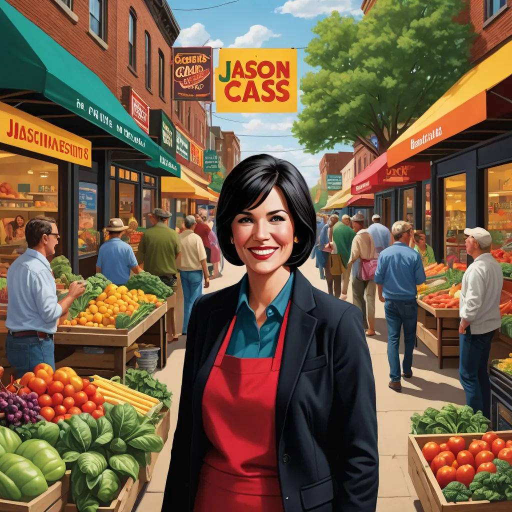 a woman standing in front of a market filled with vegetables and fruit and people walking around it and a sign that says mason cass, american realism, a character portrait, F Scott Hess, promotional image