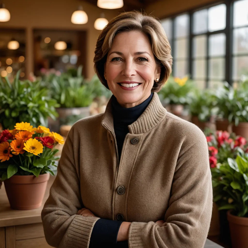 a woman standing in front of a bunch of flowers in a flower shop with her arms crossed and smiling, regionalism, a stock photo, Cindy Wright, professional photo