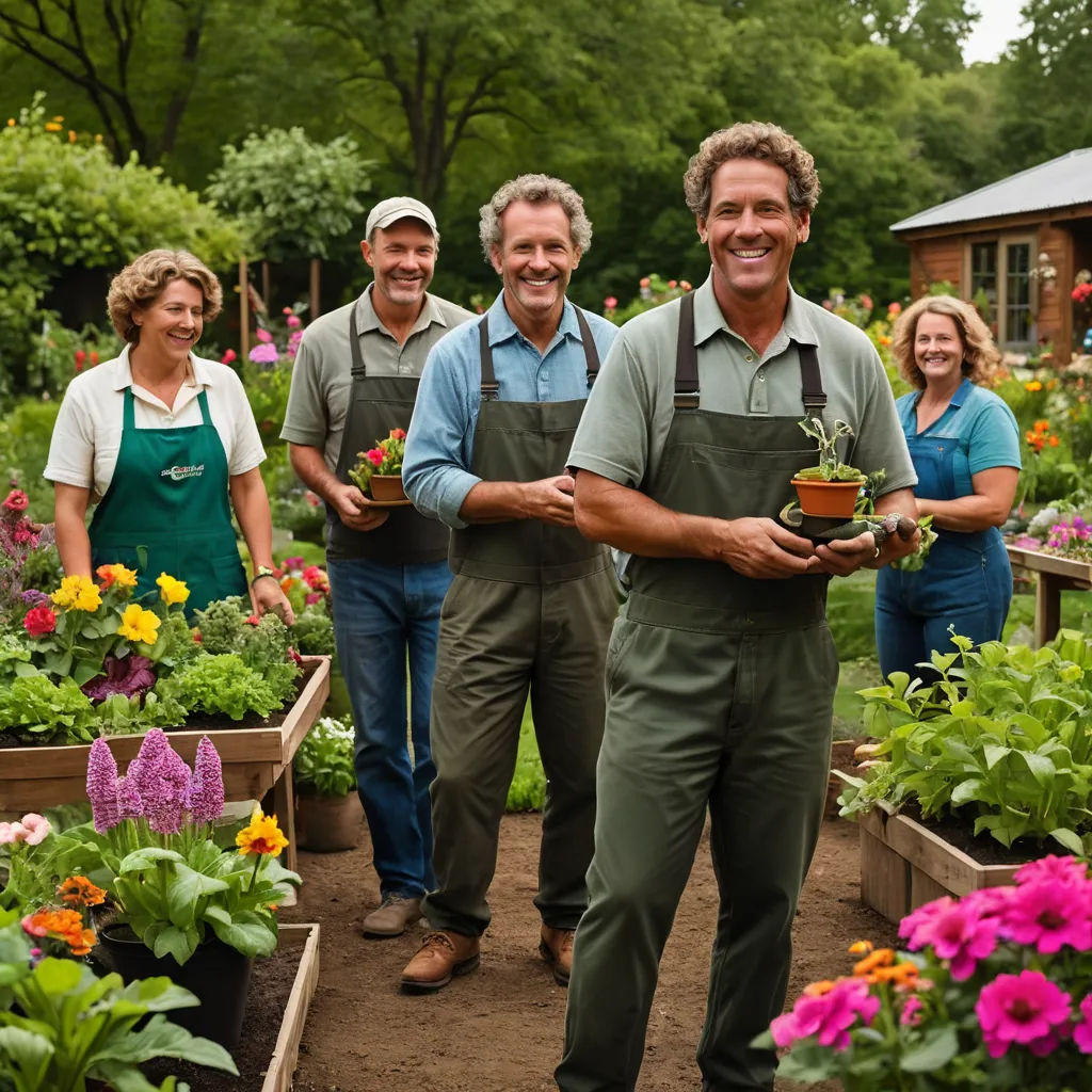 a group of people standing around a garden filled with flowers and plants in pots and holding plants in their hands, arts and crafts movement, a stock photo, Andries Stock, professional photo
