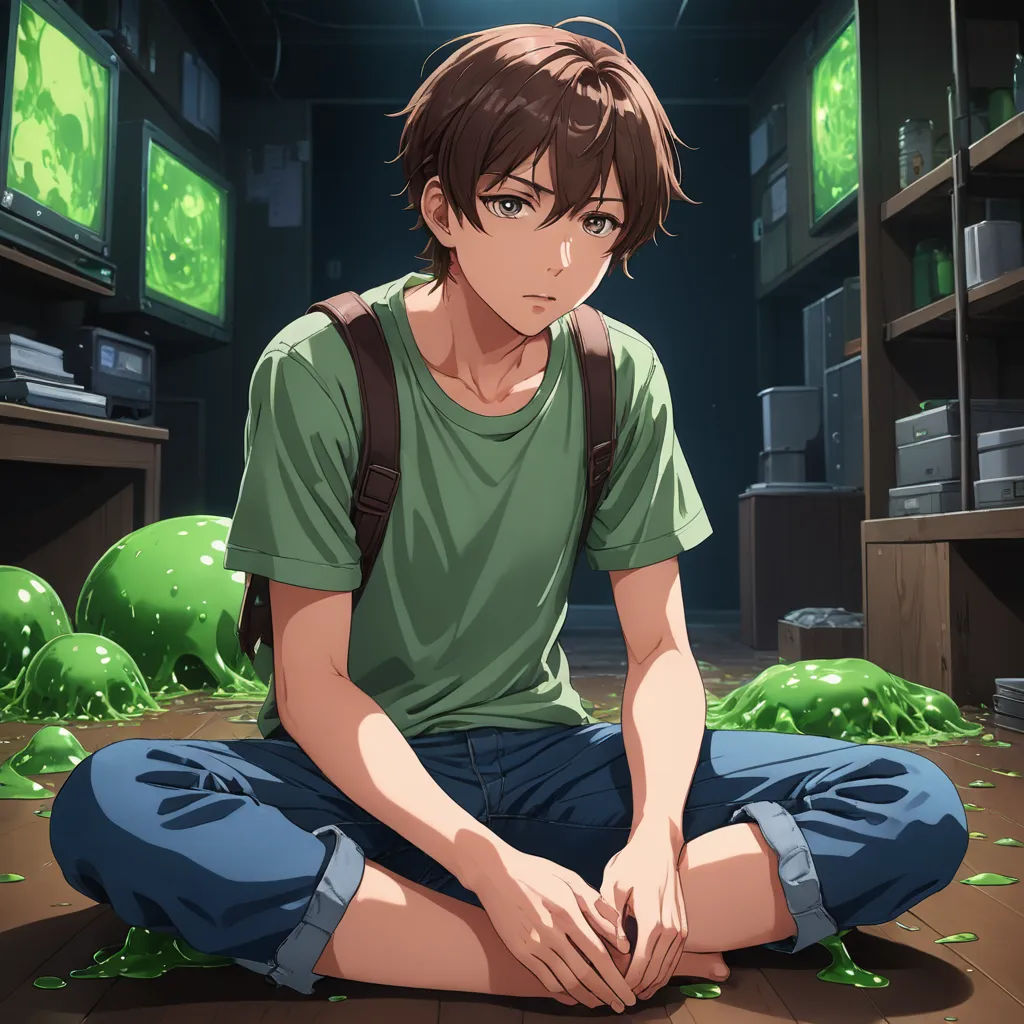 a man sitting on the floor in front of a tv set with green balls on the floor and a green ball in the background, sots art, concept art, Adam Manyoki, official art