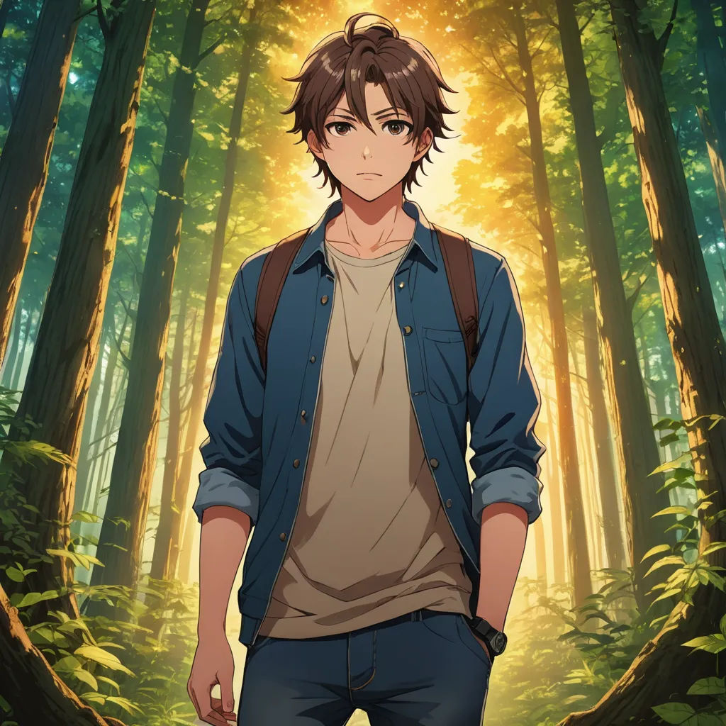 a man standing in a forest with a backpack on his back and a backpack on his shoulder, with trees in the background, sots art, a character portrait, Ai-Mitsu, official art