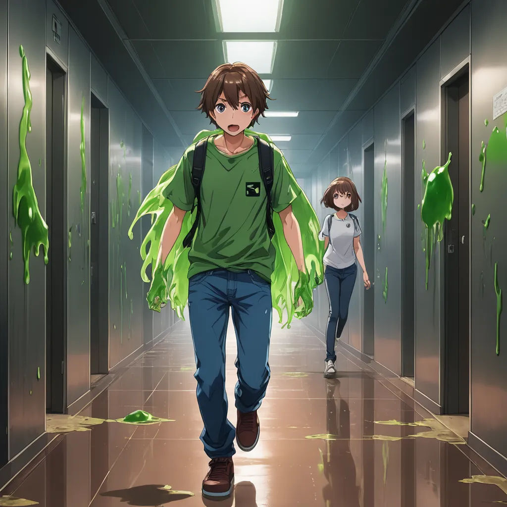 a man and a woman walking down a hallway covered in green paint and green splatters on the walls, action painting, concept art, Baiōken Eishun, anime key visual