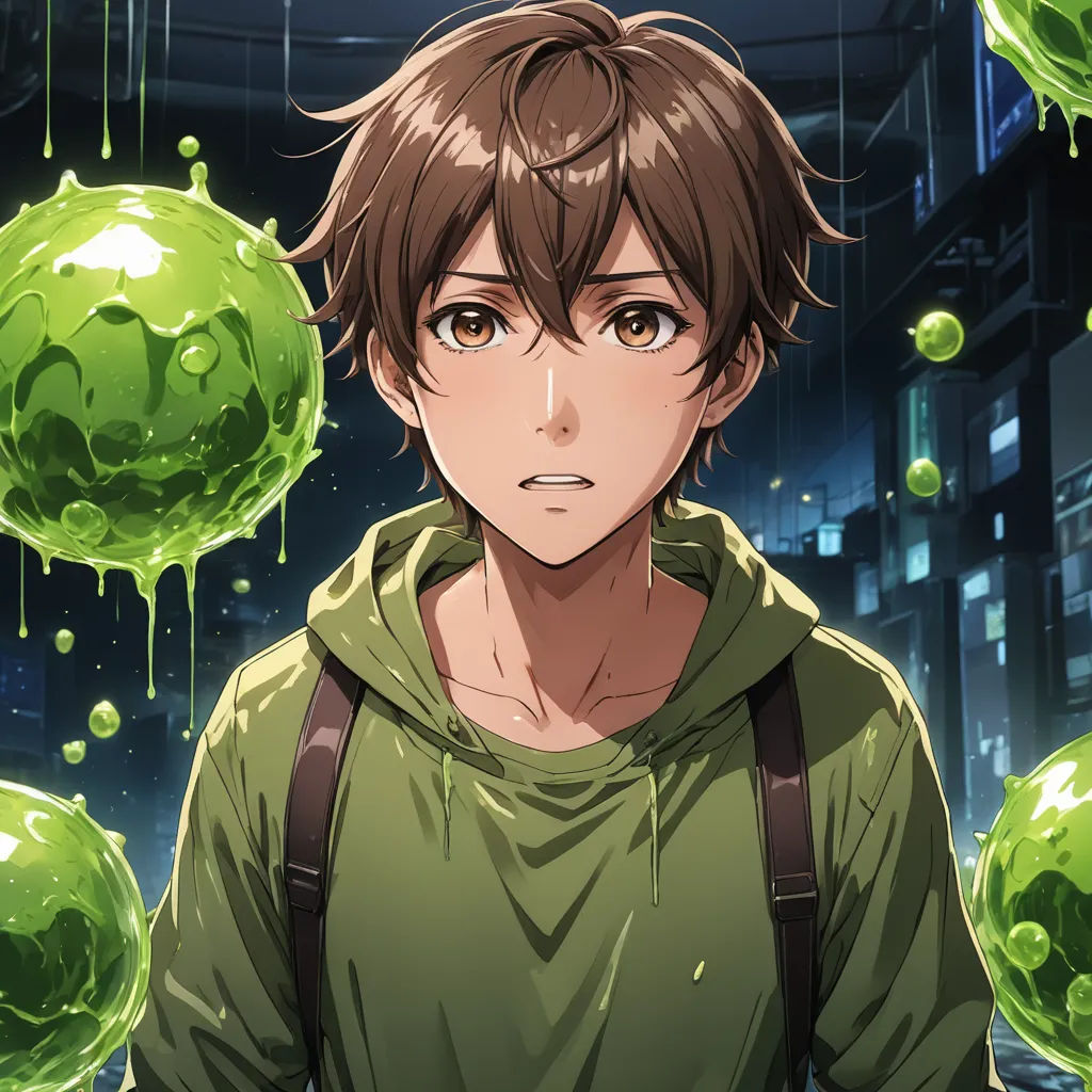 a man in a green hoodie standing in front of a bunch of green balls of liquid in a dark room, shock art, concept art, Ai-Mitsu, official art