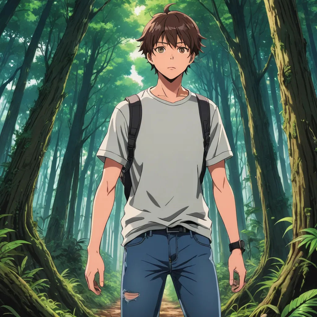 a man standing in the middle of a forest with trees in the background and a backpack on his back, rayonism, a character portrait, Cedric Seaut (Keos Masons), anime key visual