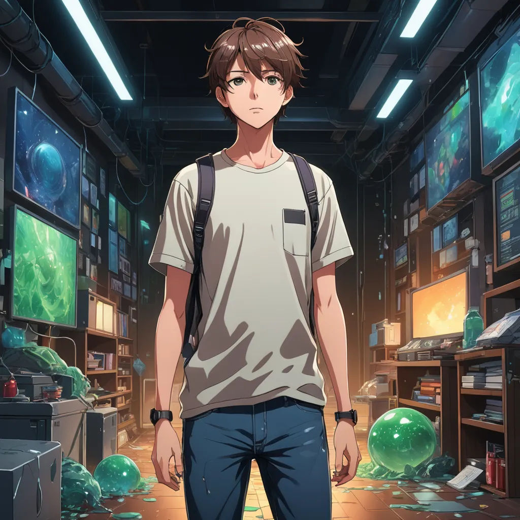 a man standing in a room with lots of monitors on the wall and a backpack on his shoulder and a backpack on his shoulder, holography, computer graphics, Cedric Seaut (Keos Masons), anime key visual