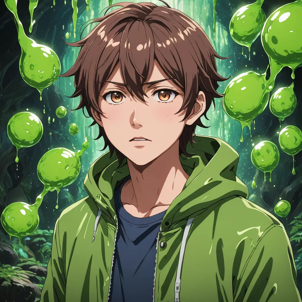 a man in a green jacket standing in front of a forest filled with green balls of liquid and looking at the camera, shock art, a character portrait, Adam Manyoki, official art