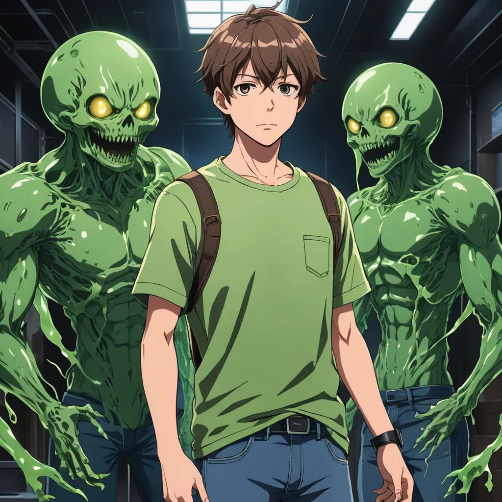 a man standing in front of a group of aliens in a room with a window and a door open, sots art, concept art, Eizan Kikukawa, anime key visual