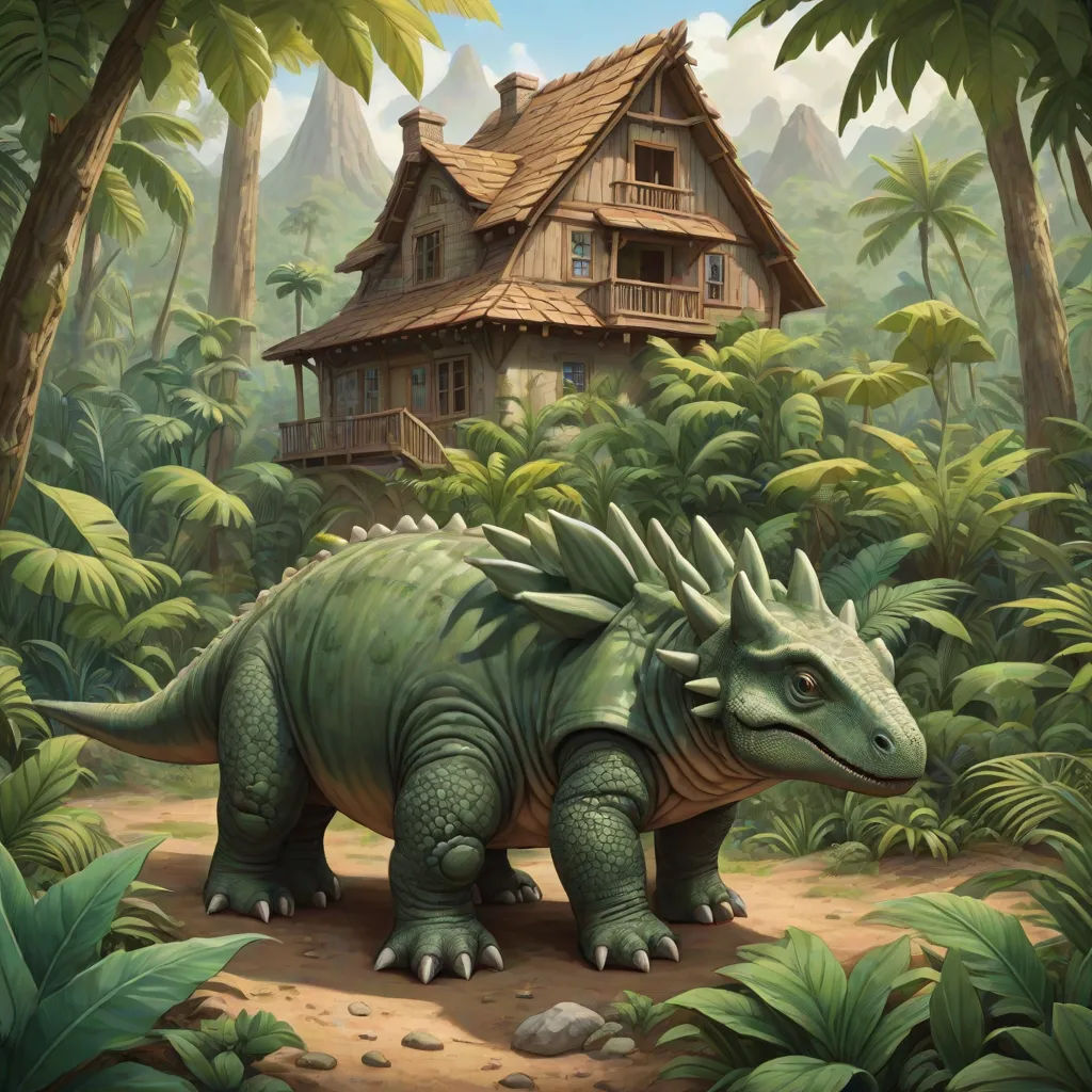 a green dinosaur standing in front of a house in the jungle with a tree house in the background and a mountain range in the background, fantasy art, a storybook illustration, Chris LaBrooy, magic the gathering artwork