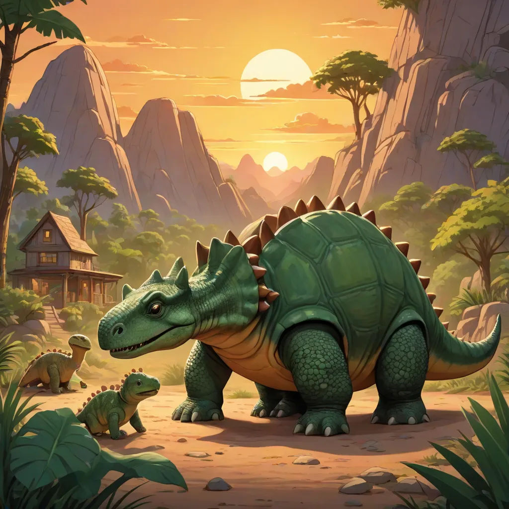 a dinosaur and a baby dinosaur in a jungle setting with a mountain background and a house in the distance, sots art, concept art, Adam Rex, official art